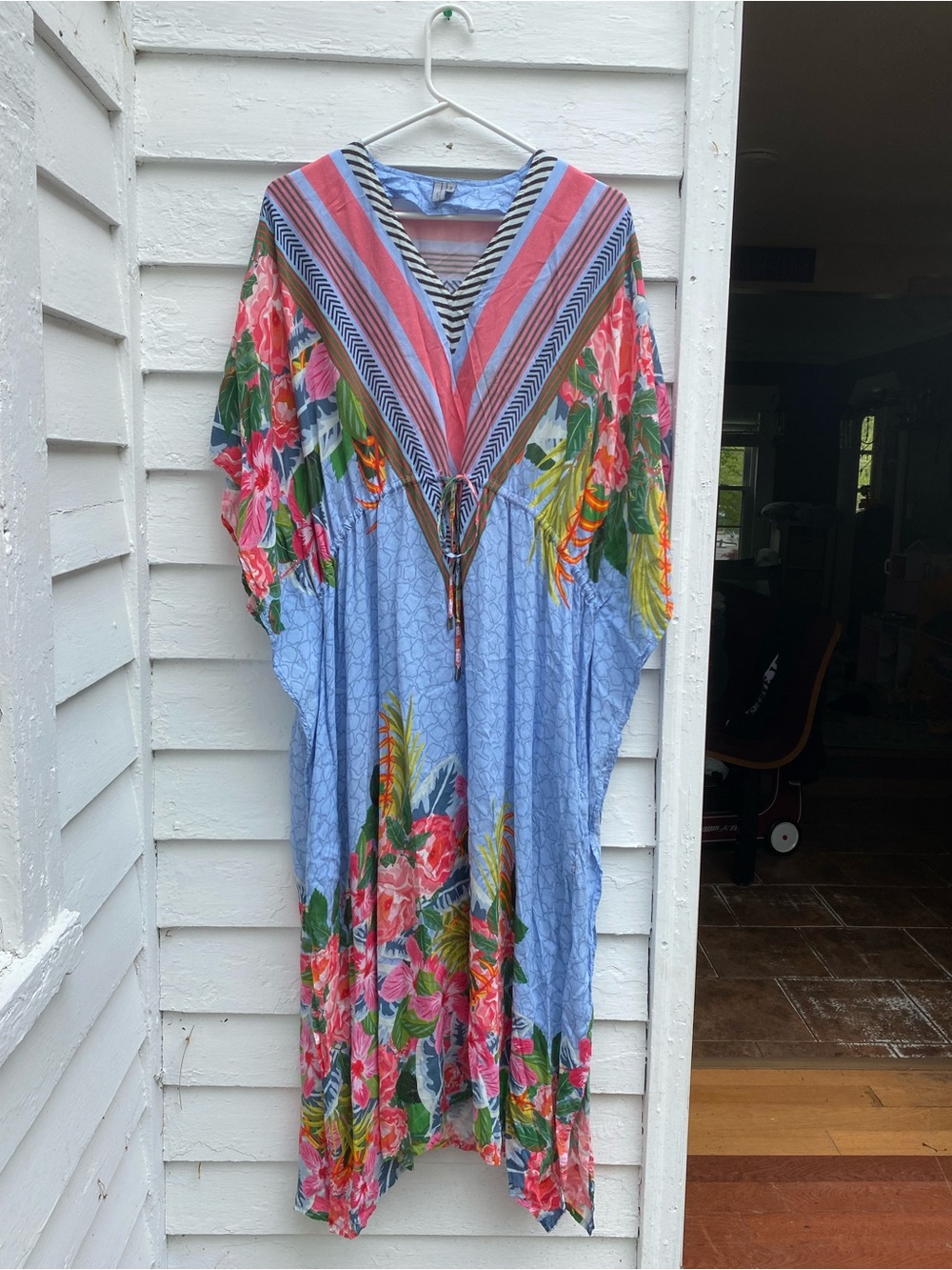 Anthropologie Blank London Blue Tropical Floral V-Neck Kaftan Cover up Dress